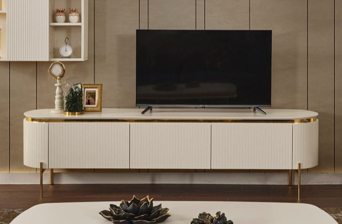 Casa Padrino Luxus Tv Schrank Weiß / Gold 210 X 42 X H. 57 Cm - Modernes  Wohnzimmer Sideboard Mit 3 Schubladen - Luxus Wohnzimmer Tv Möbel | Casa for Sideboard Wohnzimmer Tv